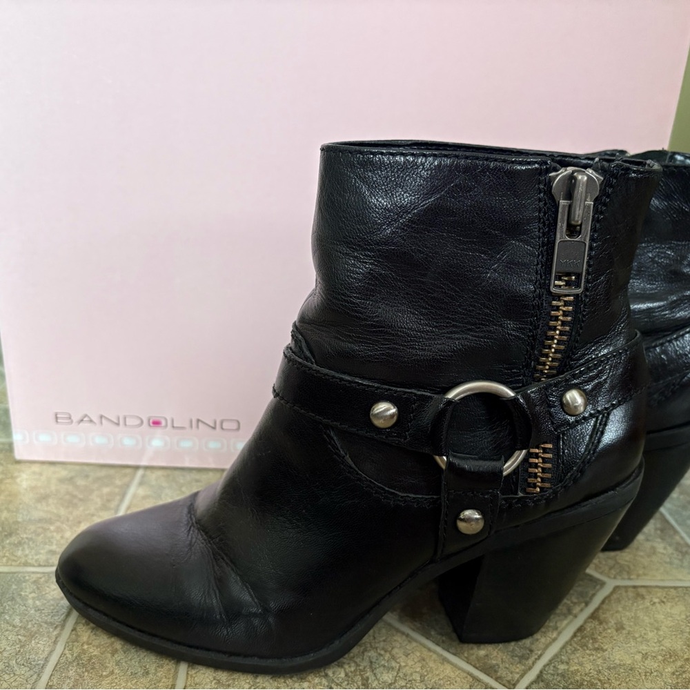 Bandolino Black Ankle Boots with Side Zipper and Harness Detail